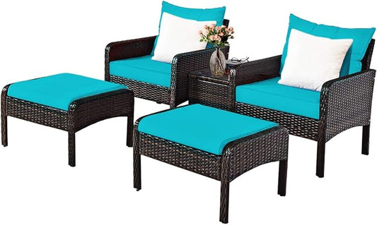 Tangkula 5 Pieces Wicker Patio Furniture Set, PE Rattan Outdoor All Weather Cushioned Sofas and Ottoman Set, 2-Person Outside Conversation Set for Lawn, Poolside, Yard, Balcony, Deck (Turquoise)
