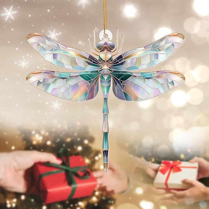 Dragonfly Ornament Stained Glass Style – Acrylic Window Hanging Suncatcher, Car Rearview Mirror Charm, Whimsical Holiday Christmas Tree Ornament, Unique Dragonfly Gifts for Women, Mom, Teacher(Sun-13)