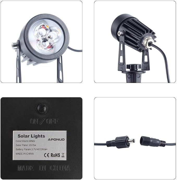 APONUO Metal Solar Spot Lights Outdoor with 9.8ft Cable Solar Powered Landscape Lighting Low Voltage IP65 Waterproof Auto On/Off for Outside Garden Yard Landscape Pathway Garage-Warm White(4-in-1)