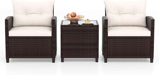 3-Pieces Patio Furniture Set, PE Wicker Chairs Sofa Set with Removable Cushions & Glass Top Side Table, Outdoor Wicker Rattan Conversation Chair for Porch,Backyard, Balcony (White)