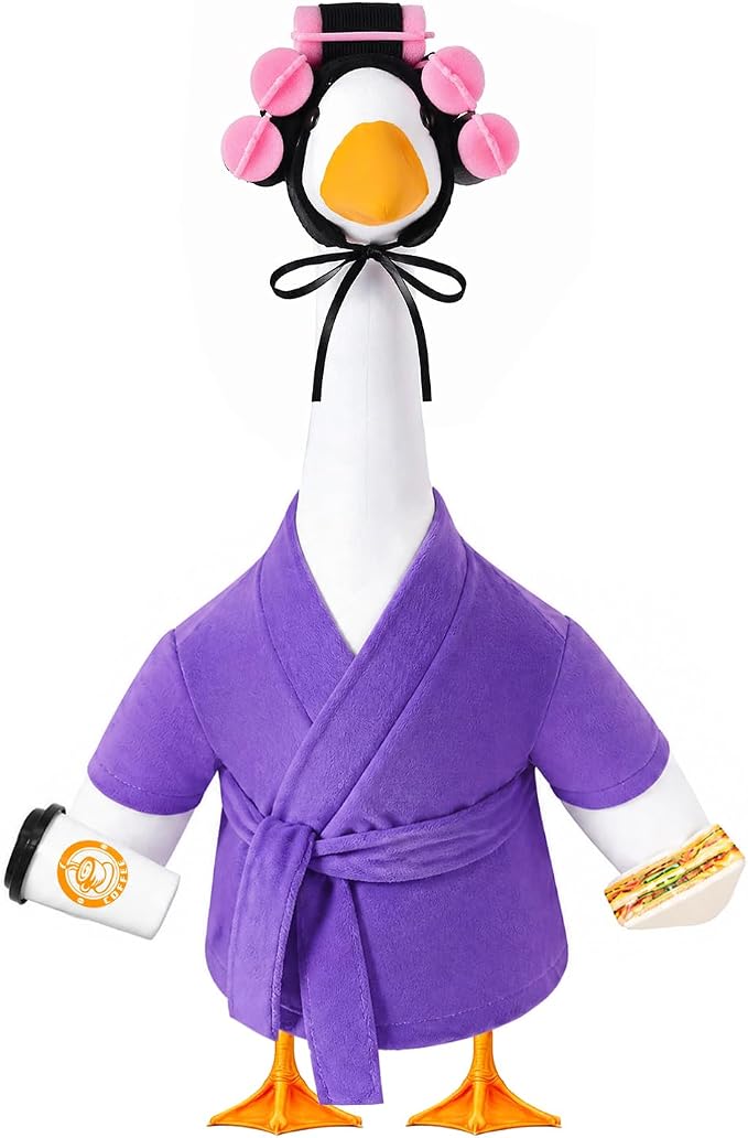 Lady Porch Goose Bathrobe Outfits Fits 23" Concrete Goose Statue | Funny Winter Porch Goose Outfit Old Lady Geese Costume with Curlers Coffee Cup for Outdoor Yard Garden Patio Decor(Violet)
