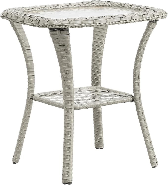 Belord Small Outdoor Side Table - Tempered Glass Wicker Table, Waterproof Patio Coffee Table Rattan End Table with Storage, Light Gray