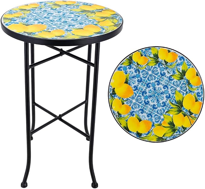 14 Inch Mosaic Patio Side Table with X-Straight Legs, Indoor Outdoor Accent Round End Table with Ceramic Tile Tops for Yard, Garden, Living Room, Bistro, A - Lemon & Blue Tile
