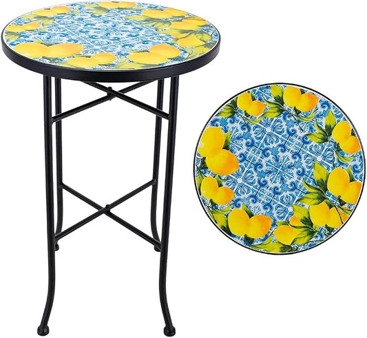 14 Inch Mosaic Patio Side Table with X-Straight Legs, Indoor Outdoor Accent Round End Table with Ceramic Tile Tops for Yard, Garden, Living Room, Bistro, A - Lemon & Blue Tile