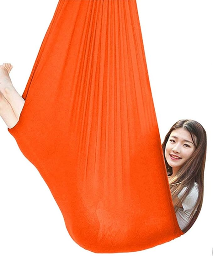360° Rotating Elastic Aerial Yoga Hammock Outdoor Indoor Swings Aerial Yoga Sensory Therapy Cuddle Swing Soft Elastic Parcel Steady Seat Swing (Color : Orange, Size : 150x280cm)