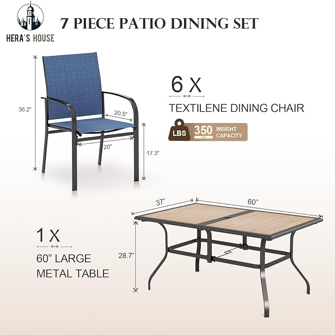 HERA'S HOUSE 7pc Patio Dining Set, Metal Table with PVC Top, Blue Chairs | 60" rectangular table with umbrella hole, 6 textilene chairs. Waterproof, rust-resistant, all-weather for yard, porch