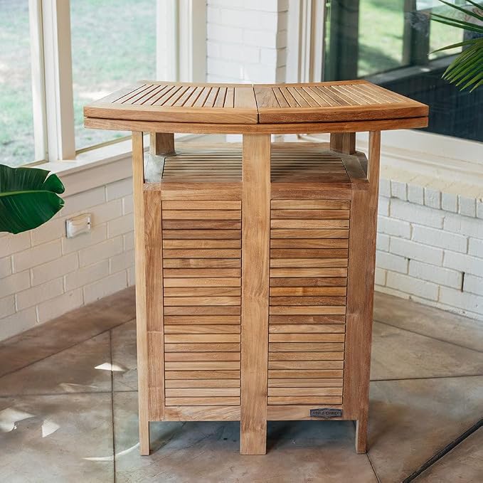 Ash & Ember Acadia Grade A Teak Folding Bar Table, Two Tier Cabinet with Folding Panels, Indoor Outdoor Solid Wood Patio Furniture, Tightly Spaced Slats, Weather Resistant Bar Furniture