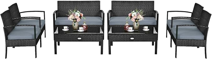 HAPPYGRILL 8 Pieces Patio Conversation Set Outdoor Rattan Wicker Sofa & Coffee Table Furniture Set for Patio Garden Poolside