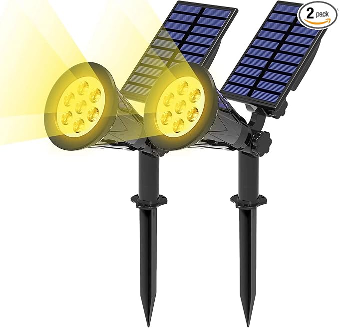 T-SUN Solar Spot Lights Outdoor Waterproof, Warm White, 2 Pack | 7 LEDs, 2 Lighting Modes, IP65 Waterproof Dusk to Dawn Solar Lights for Tree, Patio, Yard, Garden, Driveway, Pool Area