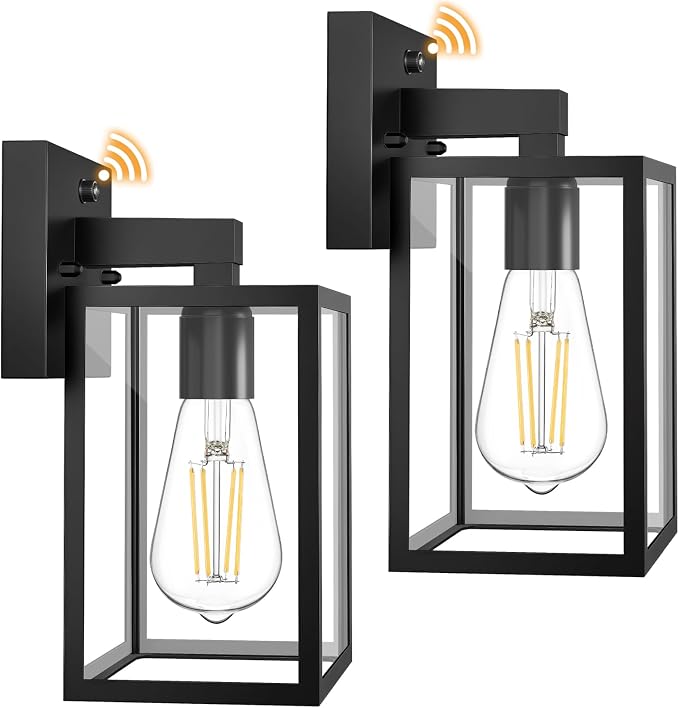 FOLKSMATE 2 Pack Dusk to Dawn Outdoor Wall Light Fixtures, Exterior Porch Light, Waterproof Wall Sconces Lanterns, Sensor Lighting Wall Mount for House Doorway Garage, Black