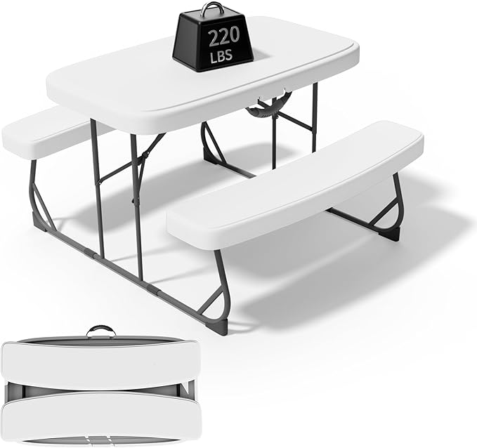 Picnic Table with Benches, Durable All-Weather Steel Frame, Stable & Easy to Clean, Portable Camping Table and Chairs for Outdoor & Indoor Use