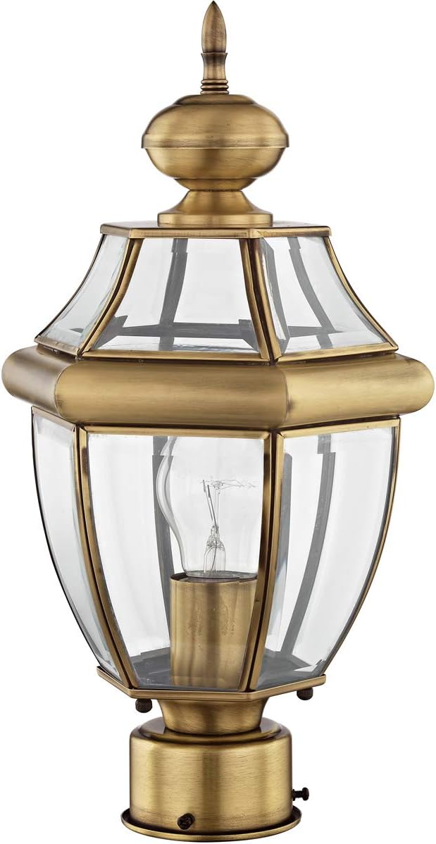 Livex Lighting 2153-01 Post Light Fixture, Antique Brass | Clear Beveled Glass Shades