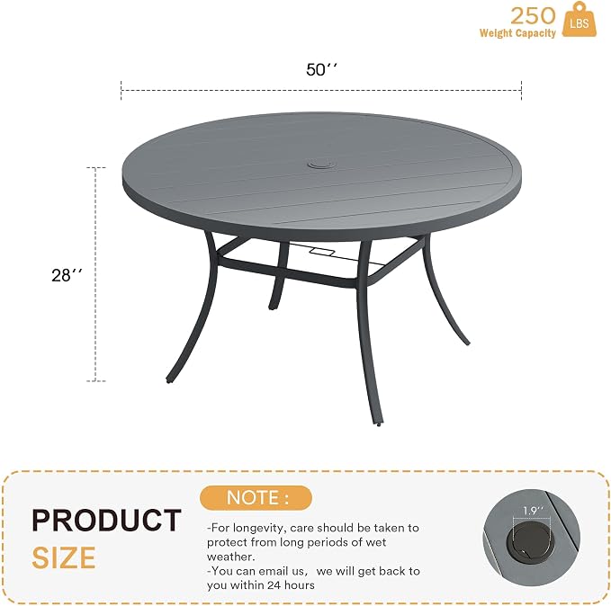 VICLLAX 50" Outdoor Round Patio Table with Umbrella Hole, All Weather Metal Round Outdoor Dining Table for Lawn Garden, 6-8 Person Table, Grey