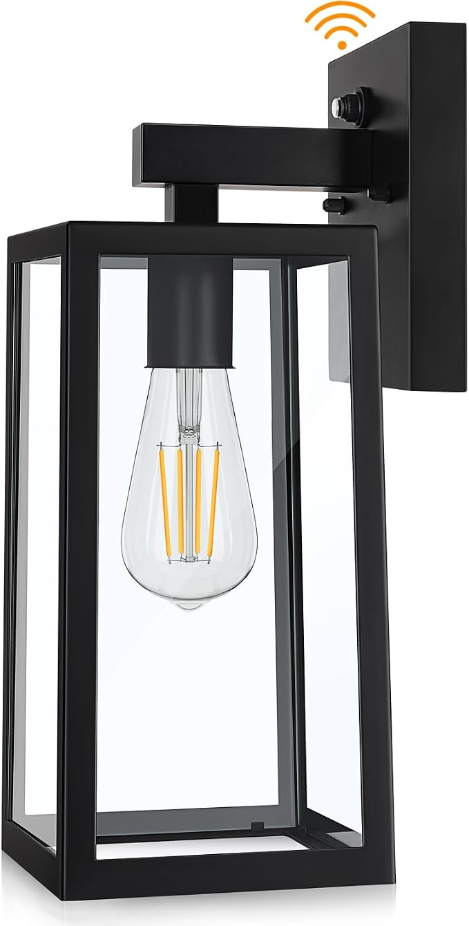 SHINE HAI Dusk to Dawn Sensor Outdoor Wall Sconce, Exterior Porch Lantern Fixture with E26 Socket & Glass Shade, Waterproof Wall Mount Lighting for Patio Front Door Entryway