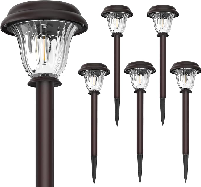 Solar Lights Outdoor, 6 Pack Metal Solar Pathway Lights, Heavy Duty Stainless Steel & Glass, Auto On/Off Waterproof Garden Lights for Driveway Landscape Walkway Yard Outdoor Decor (Warm White) | Waterproof Heavy Duty Stainless Steel Glass Auto On/Off L...