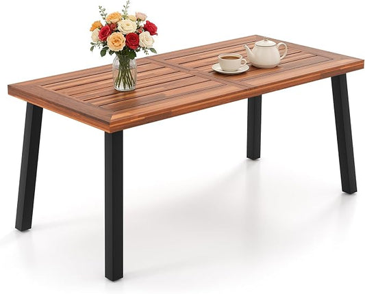 Giantex Patio Dining Table with Umbrella Hole, Outdoor Picnic Table for Backyard, Garden, Lawn, Farmhouse, Acacia Wood Rectangular Table with Metal Legs, Rustic Brown