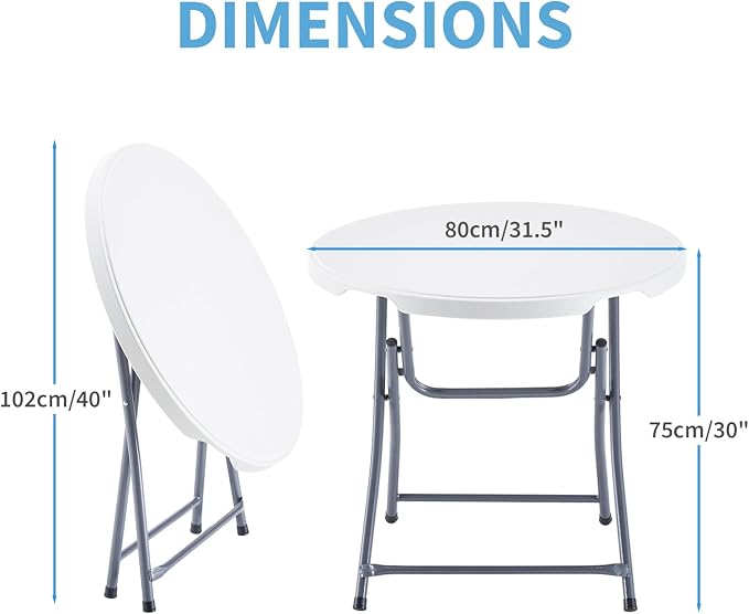 KAIHAOWIN Plastic Folding Table-31.5" Small Round Table with Foldable Legs Portable Table for Dining Party Camping Indoor Outdoor Use-White