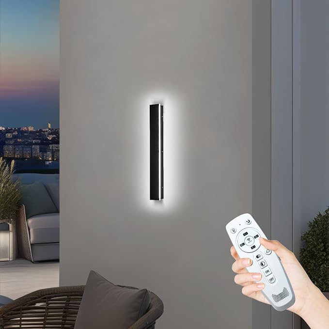 24inch Modern Outdoor Wall Light, 2700k-6500k Dimmable Outdoor Wall Sconce Black Exterior Lights Wall Mount with Remote Control, IP65 Waterproof Anti-Rust Linear Long Porch Lights Outside