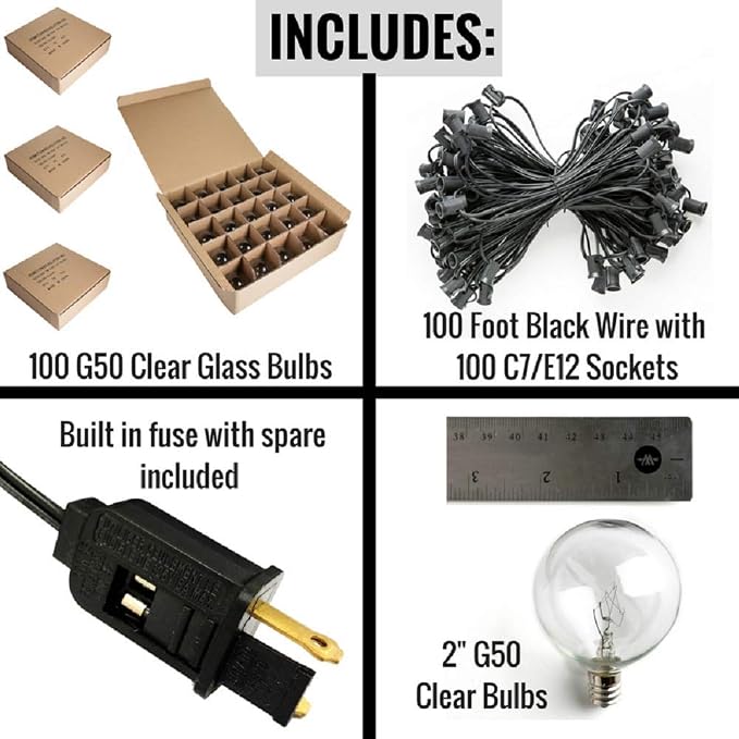 G50 Clear 2 Inch Light Bulbs with C7 Stringer 18 Gauge (Black Wire, 100')