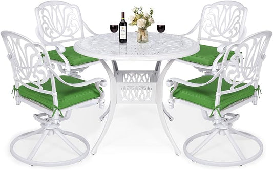 VIVIJASON 5-Piece Outdoor Patio Dining Set, All-Weather Cast Aluminum Conversation Set, Patio Furniture Set for Balcony Lawn Garden, Include 4 Swivel Chairs, 1 Round Table w/Umbrella Hole, White