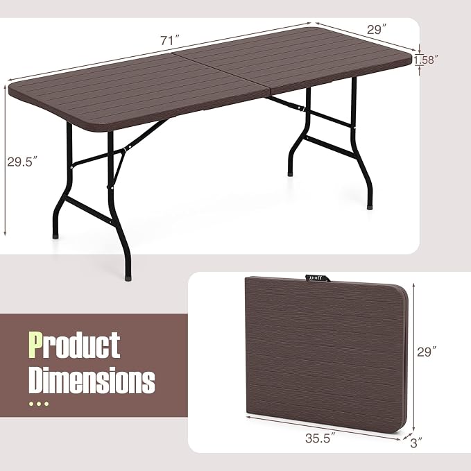 Goplus 6 FT 3-Piece Portable Picnic Table Bench Set, HDPE Wood-Like Plastic Folding Picnic Tables with Benches, Foldable Patio Camping Beer Table, Indoor & Outdoor Folding Table and Chairs