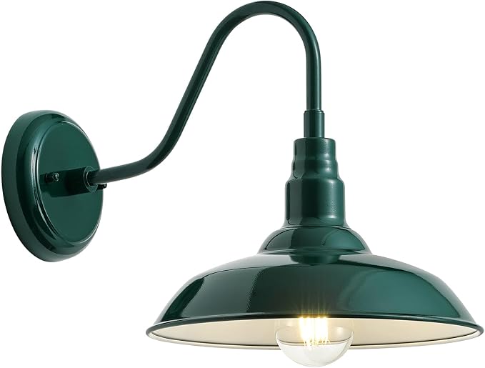 10‘’ Dome Outdoor Gooseneck Barn Light Fixture with Wall Mount, Green Exterior Porch Barn Door Lighting, Farmhouse Style Outside Shed Gooseneck Wall Sconce for Patio, Yard, Garage, House
