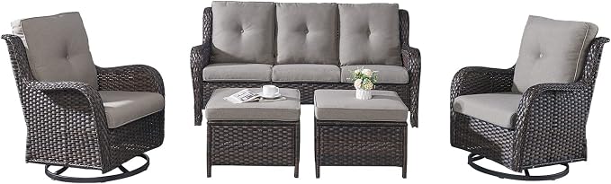 Rilyson 5 Piece Patio Furniture Set - Rattan Wicker Outdoor Patio Conversation Sets with 2 Swivel Rocker Chairs,2 Ottomans and 1 Sofa for Outside Porch Deck Backyard(Brown/Grey)