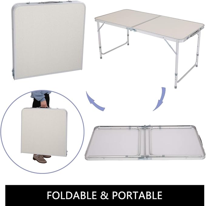 4ft Portable Folding Camping Table,Outdoor Adjustable Foldable Picnic Camp Suitcase Table for Picnic, BBQ, Party, Beach,White