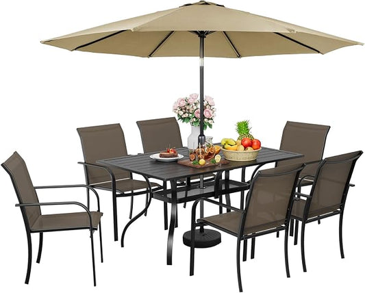 SUNCROWN 8 - Piece Outdoor Dining Set, Patio Furniture Set with 6 Textilene Dinning Chairs, 1 Rectangle Metal Table and 1 Brown 9Ft Patio Umbrella for Lawn Garden Backyard Deck, Brown
