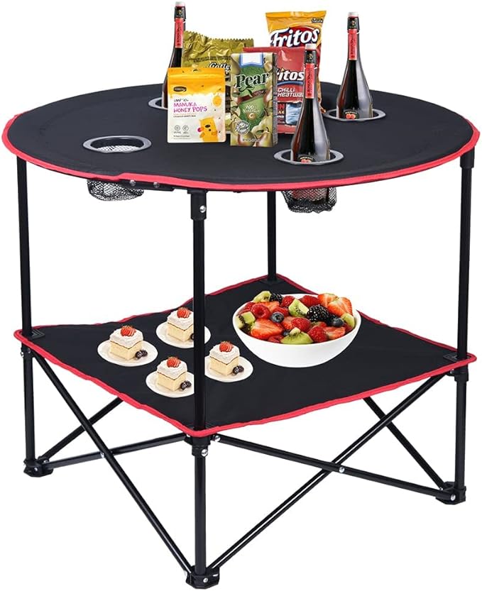 LEADALLWAY Camping Table Folding Picnic Table Canvas Portable Tables | Collapsible,with 4 Cup Holders and Carrying Bags , for BBQ Outdoor Fishing,