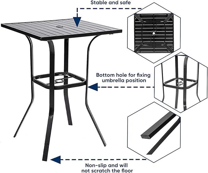 Oakcloud Patio Square Height Bar Table Outdoor Metal Frame Bistro Table with Umbrella Hole -39" Height Coating Old Craft,Rust and Weather Resistant,Classic Black