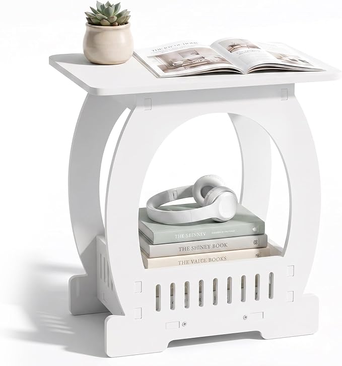 Outvita Side Table for Indoor & Outdoor, Square Modern Side Table with Storage Layer, Night Stand, Bedside Table, Tooless Assembly for Patio, Living Room, Bedroom