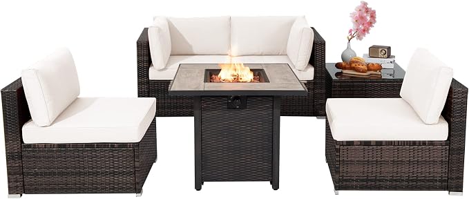 Tangkula 6 Piece Outdoor Rattan Sofa Set with 30in Propane Gas Fire Table, Ceramic Fire Tabletop, 50,000 BTU Heat Output, Cushions & Fire Pit Dust Cover, Patiojoy Weatherproof Wicker Set (Off White)