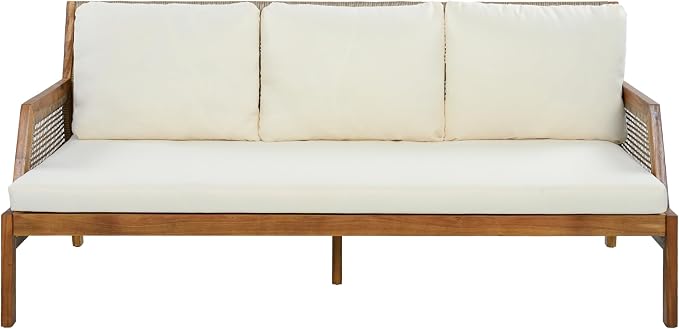 Christopher Knight Home Pony 3 Piece Acacia Wood Patio Conversation Sofa with Coffee Table and Ottoman, Outdoor 3-Seater Sofa Set for Backyard, Outdoor Patio Furniture Set, Teak+Cream+Brown