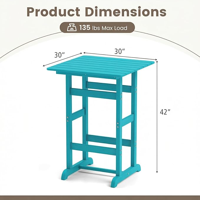 Tangkula 30" x 30" Square Bar Table, Patio HDPE Bar Height Dining Table w/Slatted Tabletop, Outdoor All-Weather High-Top Bistro Table for Poolside, Backyard, Balcony (Turquoise)
