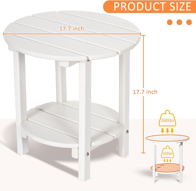 Round Adirondack Outdoor Side Table, 17.7" Small Patio End Table, 2-Tier HDPE Plastic Table for Poolside Porch Garden, Weather Resistant & Easy Assembly (White)