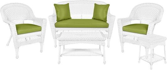 Jeco 5 Piece Resin Wicker Patio Conversation Set in White with Green Cushions