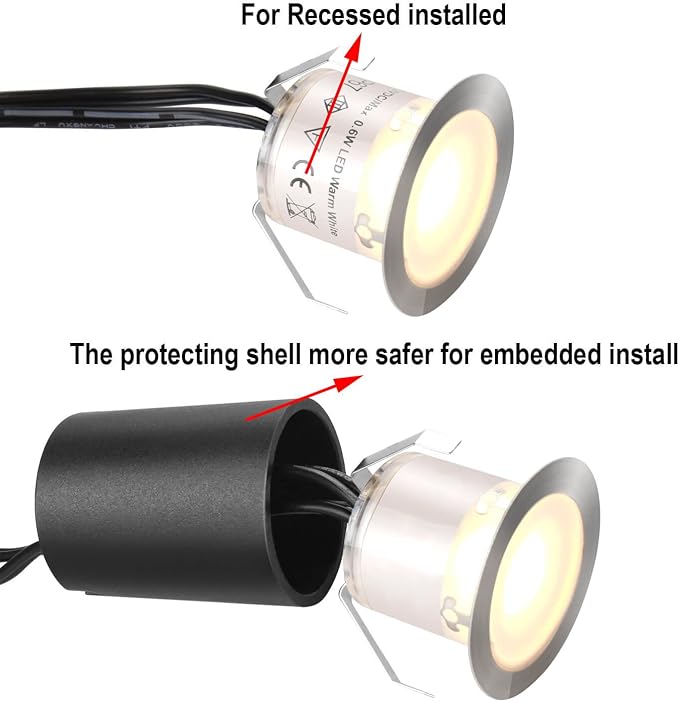10 Pack Recessed LED Deck Light Kits with Protecting Shell, 32mm, Warm White, IP67 Waterproof, 12V Low Voltage, for Outdoor Garden, Patio, Stair, Kitchen Decoration