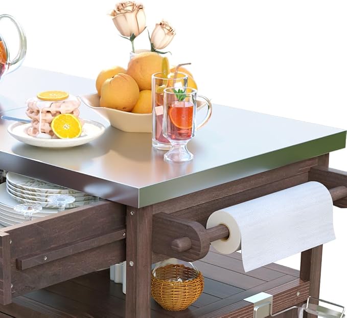 Outdoor Grill Cart with Stainless Steel Top, Solid Wood Outdoor Storage Cabinet with Drop Leaf, One Drawer, Towel Rack, Rolling Kitchen Cart with Lockable Wheels for Lawn Garden (Brown@072)