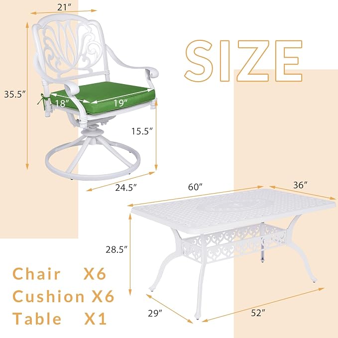 7-Piece Outdoor Patio Dining Set, 60” Rectangular Cast Aluminum Dining Table with Umbrella Hole and 6 Cushioned Swivel Rocker Chairs, Patio Funiture Set for Backyard, Patio, Garden, White