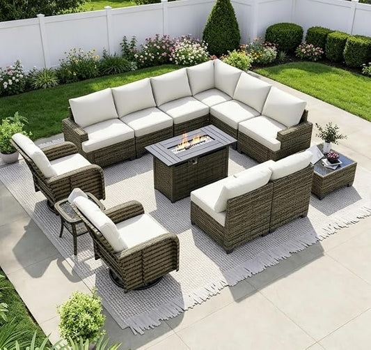 LET'S PATIO Luxury Patio Furniture Set with Fire Pit Table，13 Piece Outdoor Furniture Sectional Set with Swivel Rocker Chairs of 2，All-Weather Patio Sectional Sofas with Thickened Cushions, Beige