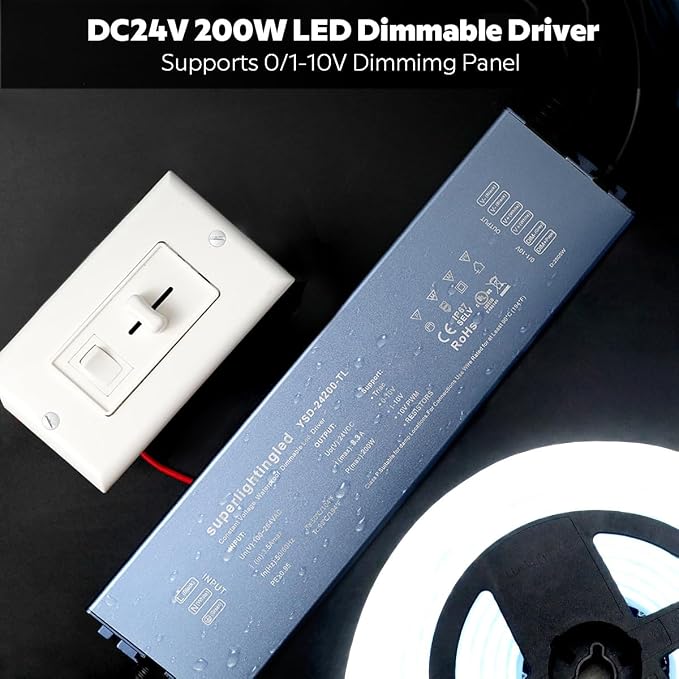 DC24V 200W UL-Listed 0/1-10V and TRIAC Waterproof IP67 Dimmable Power Supply for IP68 Dimming LED Strip Lights, Outdoor Pool 24V LED Underwater, Wash Wall, Use in Water or Soil