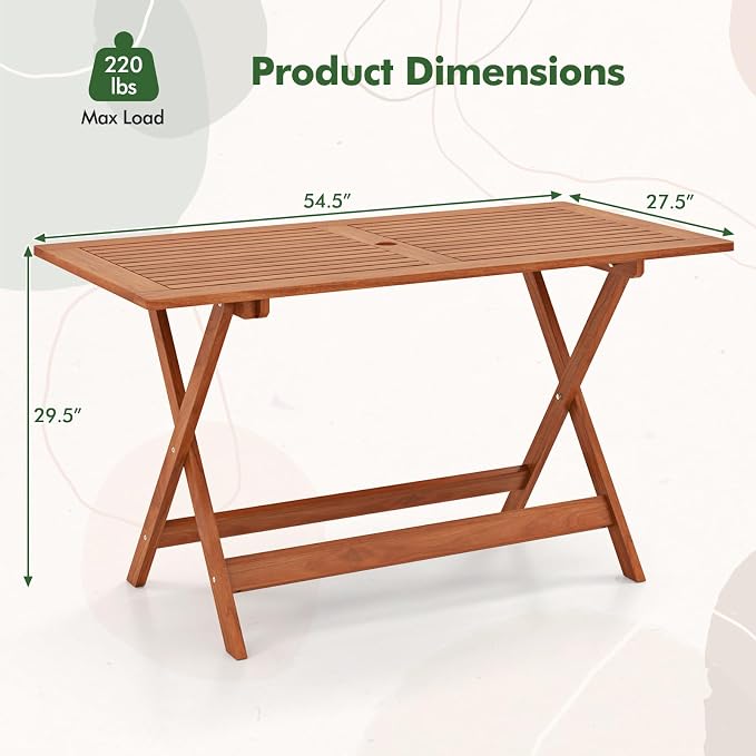 Tangkula 54.5-Inch Patio Dining Table, Solid Wood Outdoor Table with Teak Painting & 2" Umbrella Hole, Rectangular Outside Dining Table for Balcony, Deck, Porch, Backyard