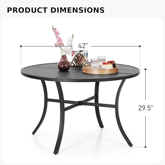 MFSTUDIO 42" Big Outdoor Dining Table with Adjustable mbrella Hole, Patio Metal All-Weather Round Table for Backyard Lawn Garden