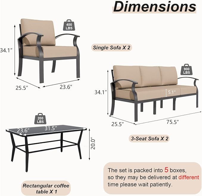 Gotland Aluminum Patio Furniture Set with Rectangular Coffee Table, Metal Patio Furniture with 5 Seats Waterproof 5.1'' Seat Cushions, Outdoor Sectional Patio Conversation Sets for Balcony Khaki