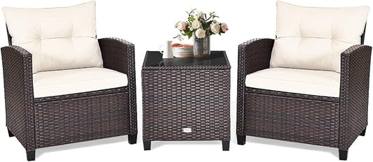 COSTWAY 3PCS Patio Furniture Set, PE Rattan Wicker Sofa w/Washable Cushion and Coffee Table, Tempered Glass Tabletop, Outdoor Conversation Set for Balcony, Porch, Yard, Backyard, Lawn, White