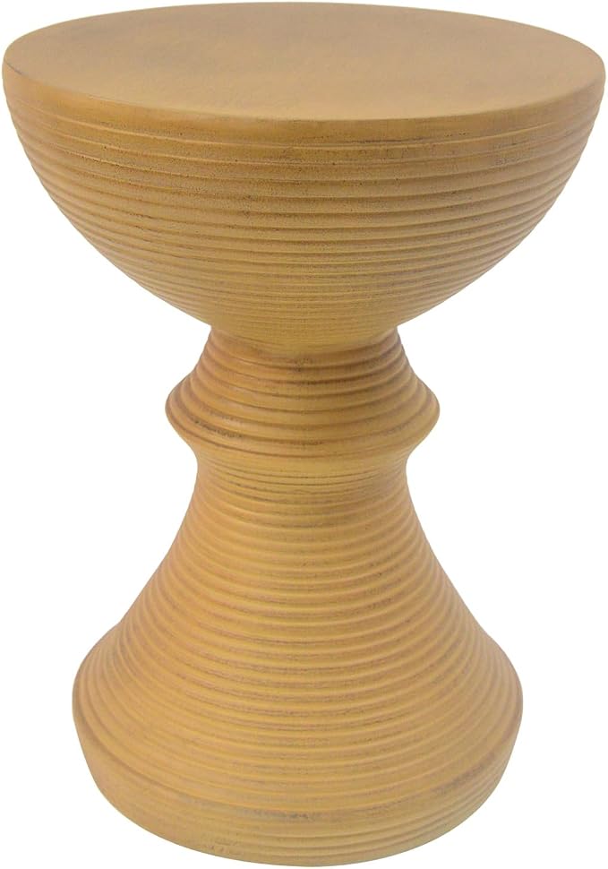 Round Outdoor Side Table, Ribbed Concrete Patio End Table with Hourglass Design, Samll Accent Side Table for Patio, Garden, Balcony (Natural)