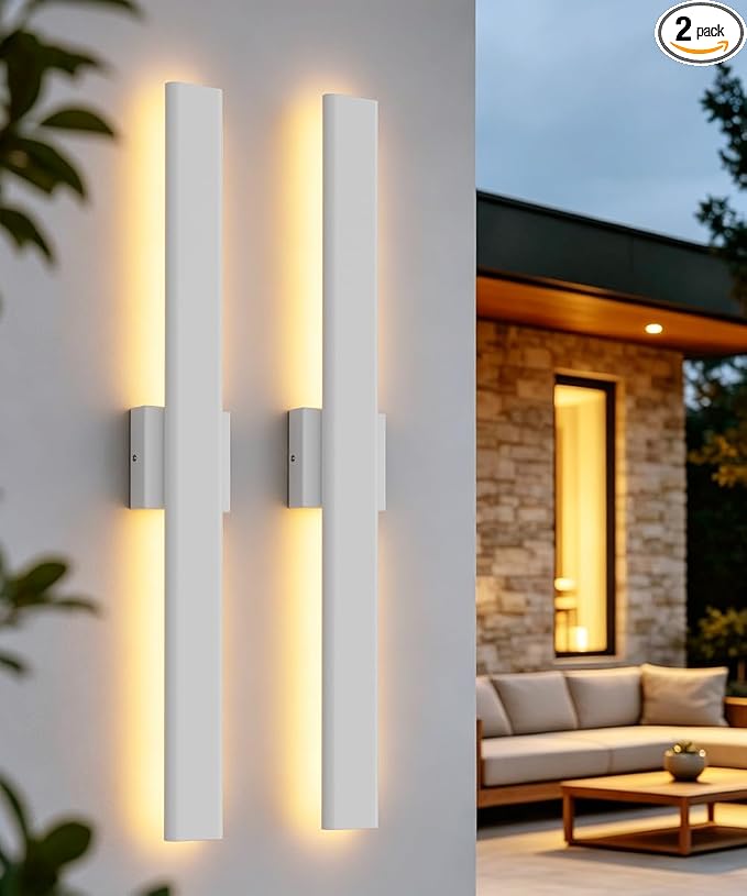 Aipsun 2 Packs Outdoor Wall Sconce, 3000K 4000K 6000K, 31.5in Modern White Exterior Light, Long LED Linear Wall Light Outside Lighting for Entrance, Hallway, Garage, Porch(3CCT)