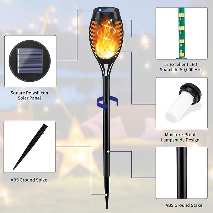 KYEKIO 16Pack Solar Torch Light with Flickering Flame for Halloween Decor | Solar Lights Outdoor for Halloween Decorations, Waterproof Solar Garden Lights, Solar Flame Lights for Pathway Yard Decor