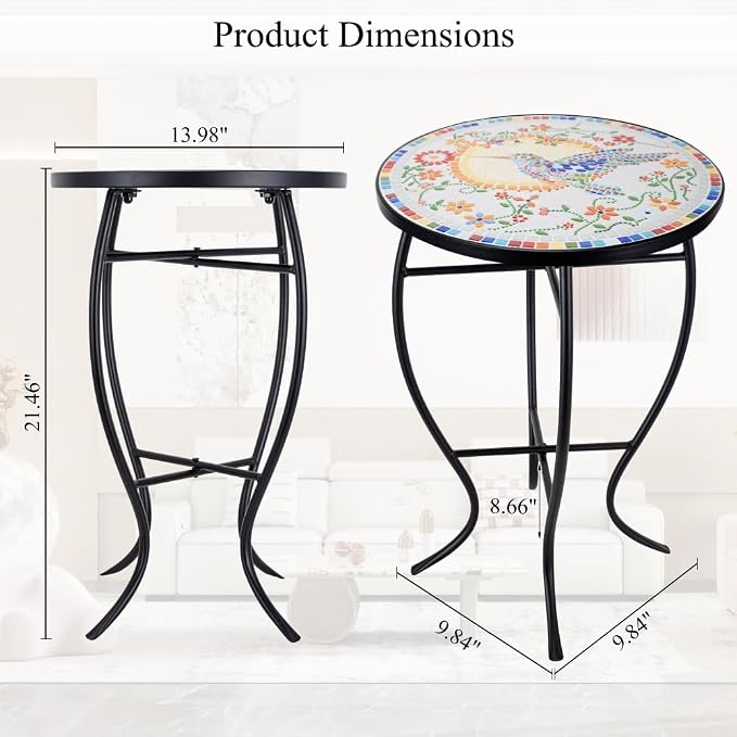 Mosaic Outdoor Side Table Small Round Patio Table Plant Stand | 21" Accent End Table with 14" Ceramic Tile Top for Small Spaces Porch Pool Garden Decor Indoor Living Room Bedroom Balcony